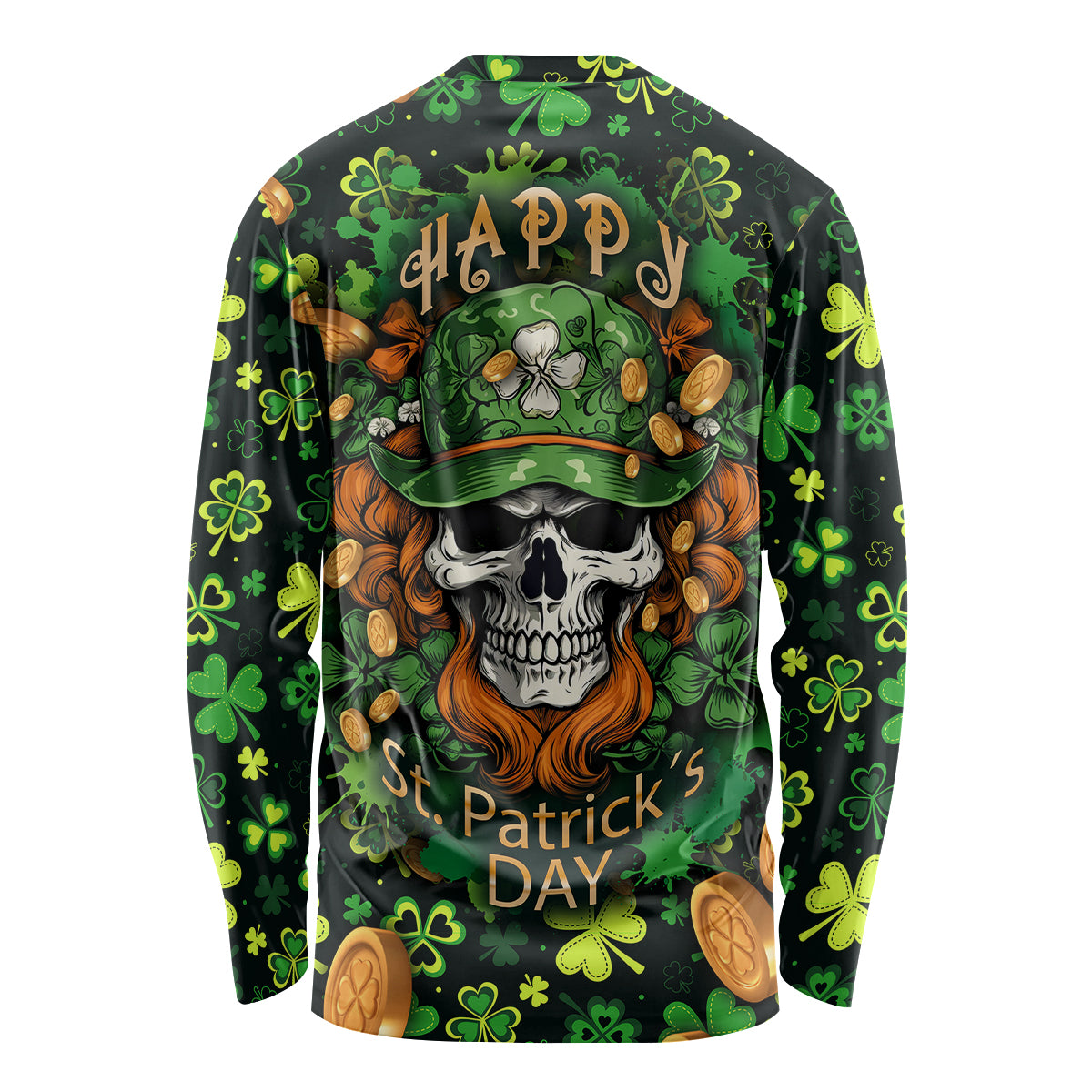 Green long-sleeve shirt with skull in green hat, shamrocks and leprechaun graphics