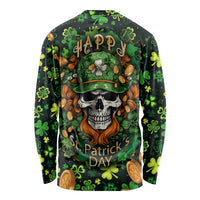 Green long-sleeve shirt with skull in green hat, shamrocks and leprechaun graphics