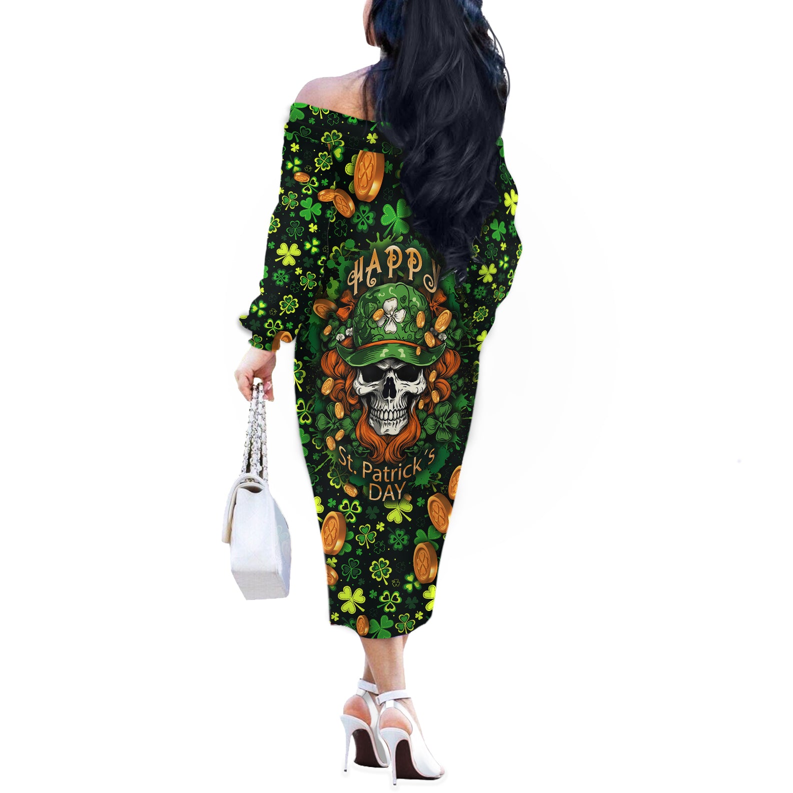 Happy St. Patrick's Day Skull Off The Shoulder Long Sleeve Dress - Wonder Print Shop