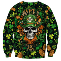 Unisex green crewneck sweatshirt with skull in hat, shamrocks, and St. Patrick's Day text