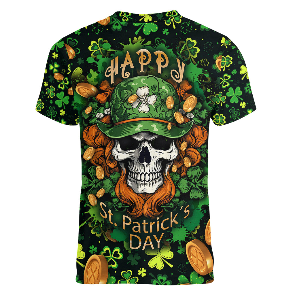 Happy St. Patrick's Day Skull Women V Neck T Shirt - Wonder Print Shop