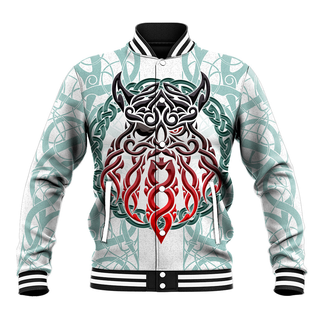 Unisex baseball jacket in white and green; ribbed collar, zipper, front emblem graphic