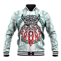 Unisex baseball jacket in white and green; ribbed collar, zipper, front emblem graphic