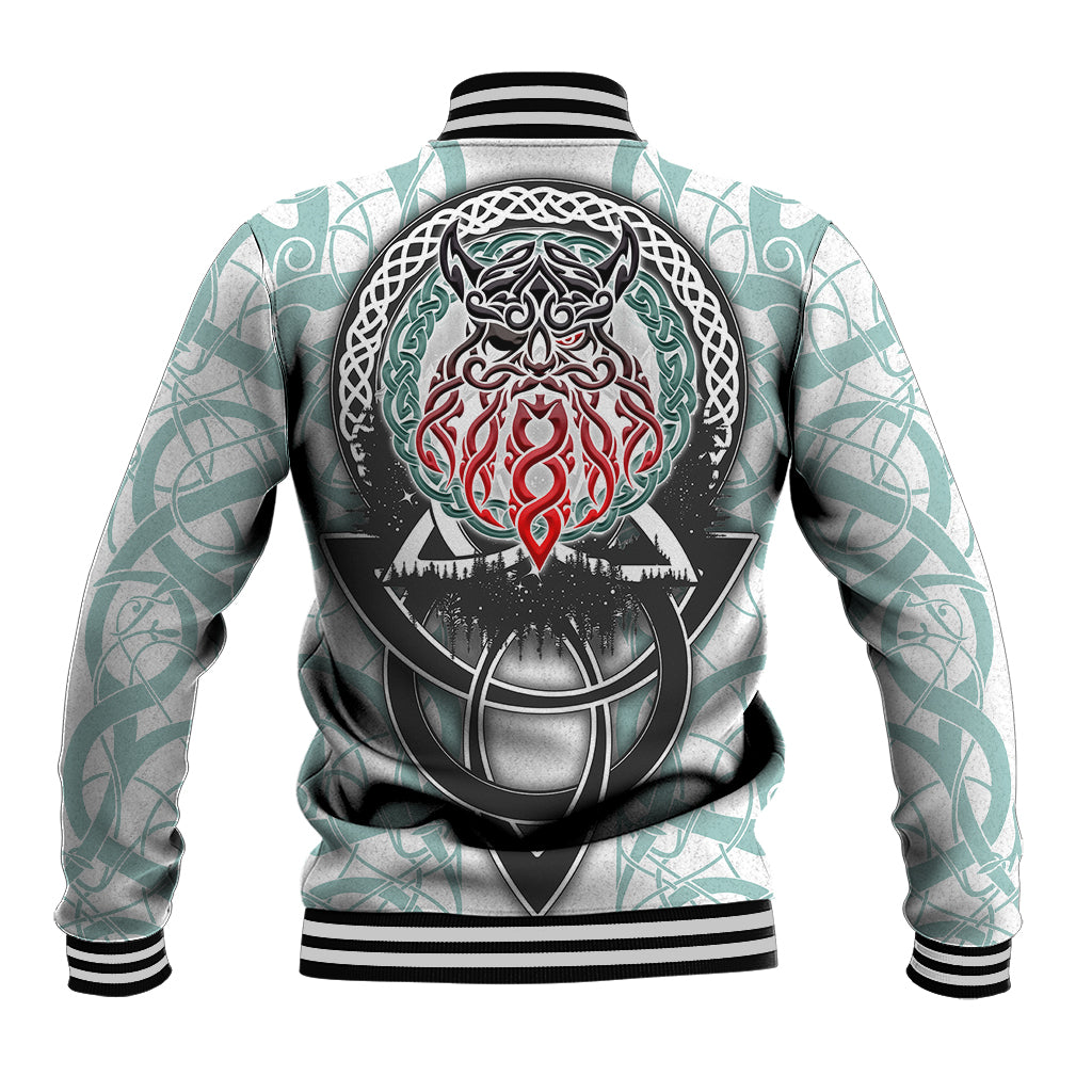 Unisex baseball jacket in white and green; ribbed hem/collar, back emblem graphic