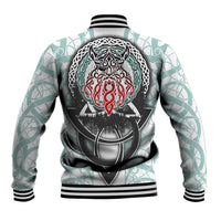 Unisex baseball jacket in white and green; ribbed hem/collar, back emblem graphic