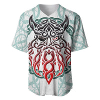 Baseball jersey with light blue geometric sleeves and large red-and-black Viking front graphic