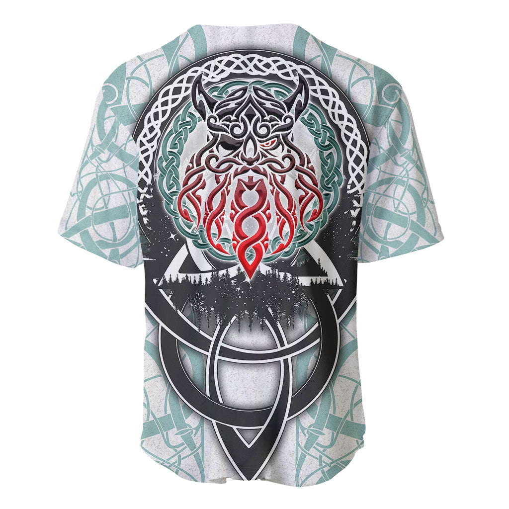 Baseball jersey with back graphic: black circular motif and red shield emblem, teal patterned sleeves