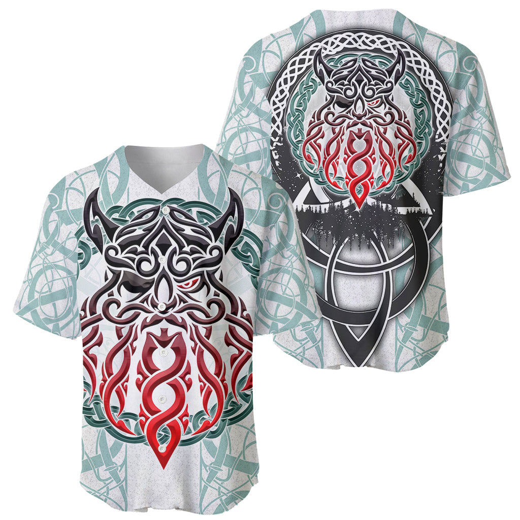Baseball jersey shown front and back: red-and-black Viking emblem with teal geometric sleeves