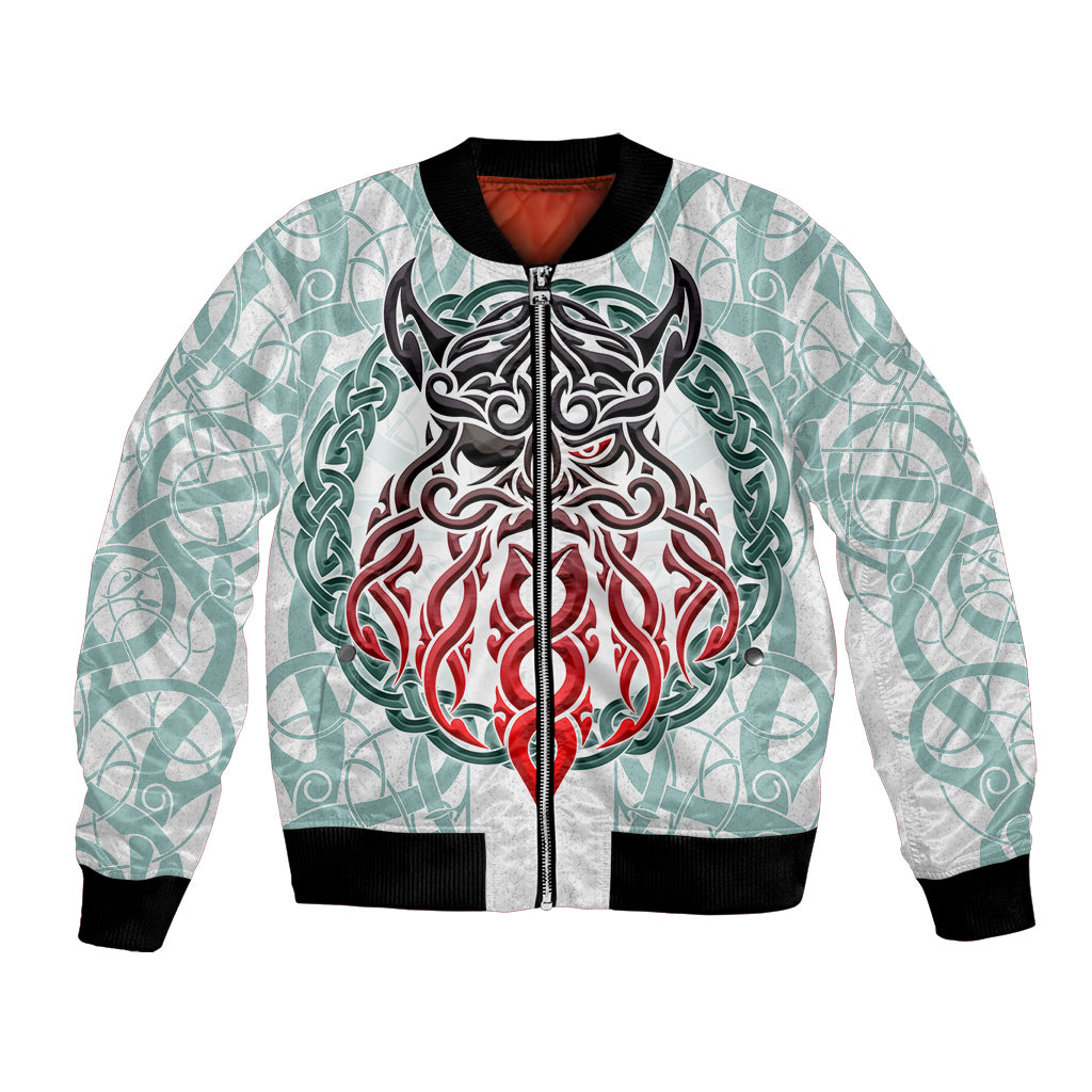 Unisex bomber jacket with teal-and-white pattern, front zipper and Odin-style chest graphic