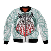 Unisex bomber jacket with teal-and-white pattern, front zipper and Odin-style chest graphic