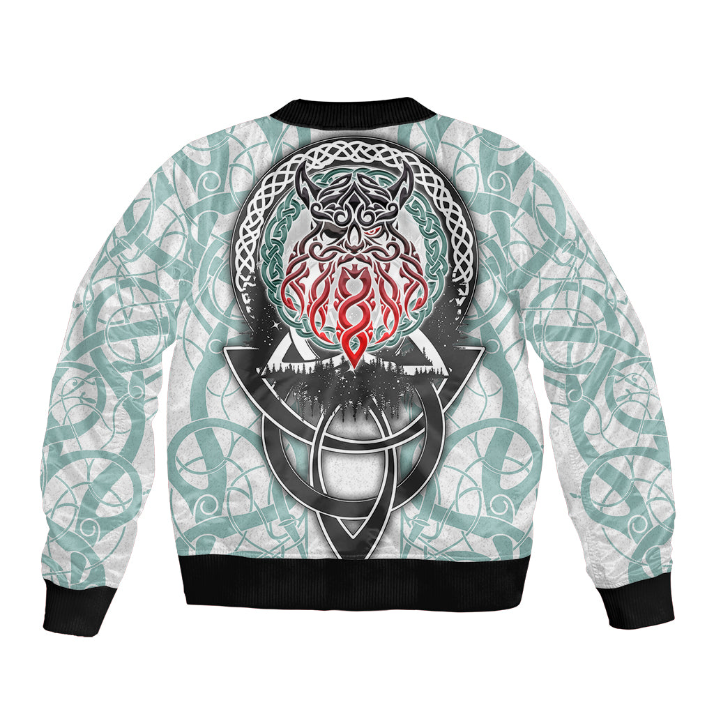 Unisex bomber jacket with teal-and-white back graphic, ribbed black cuffs and hem