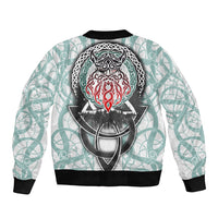Unisex bomber jacket with teal-and-white back graphic, ribbed black cuffs and hem