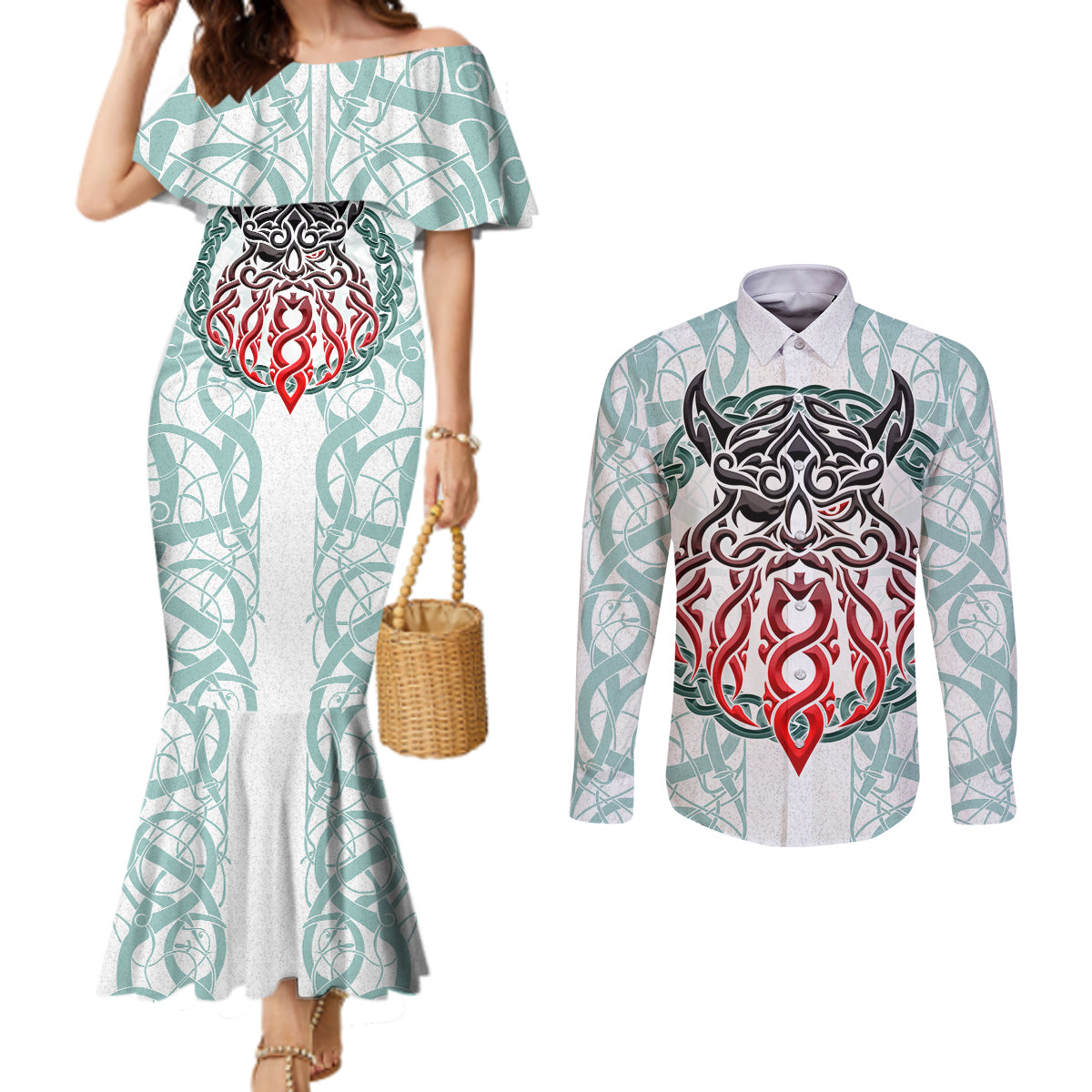 vking-odin-couples-matching-mermaid-dress-and-long-sleeve-button-shirts-god-of-asgard