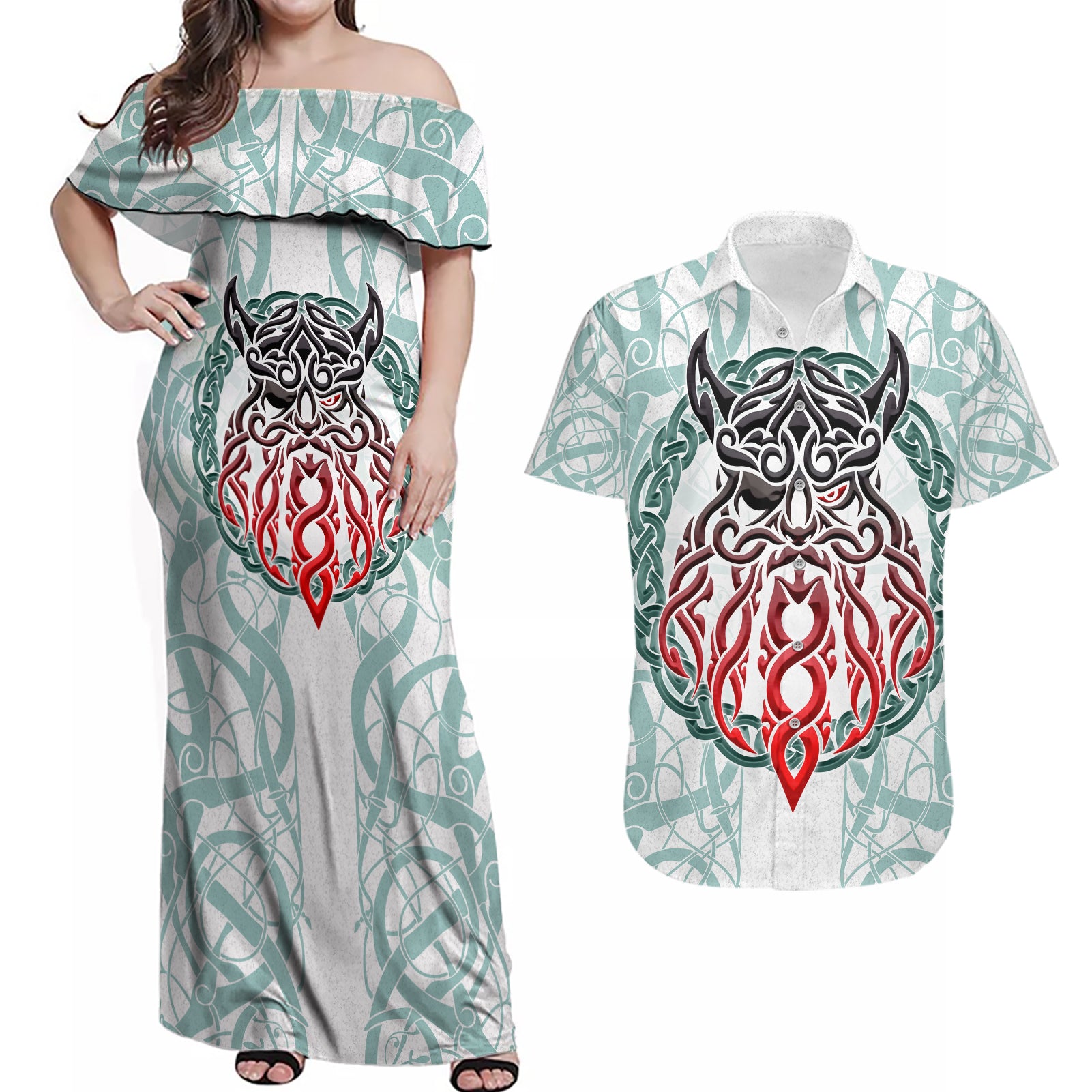 Vking Odin Couples Matching Off Shoulder Maxi Dress and Hawaiian Shirt God Of Asgard - Wonder Print Shop