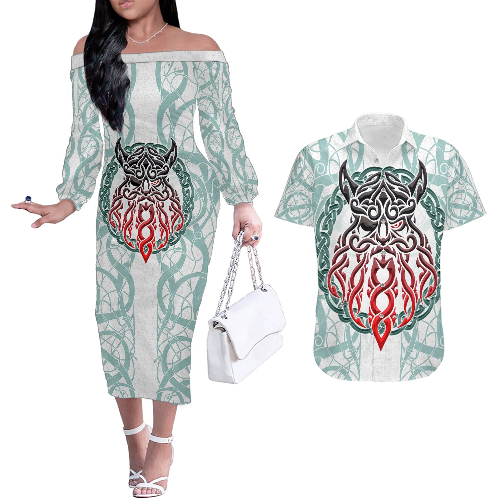 Vking Odin Couples Matching Off The Shoulder Long Sleeve Dress and Hawaiian Shirt God Of Asgard - Wonder Print Shop