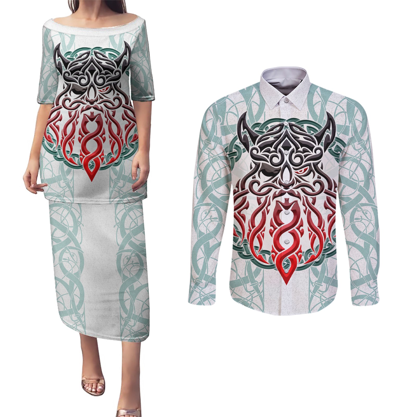 Vking Odin Couples Matching Puletasi Dress and Long Sleeve Button Shirts God Of Asgard - Wonder Print Shop