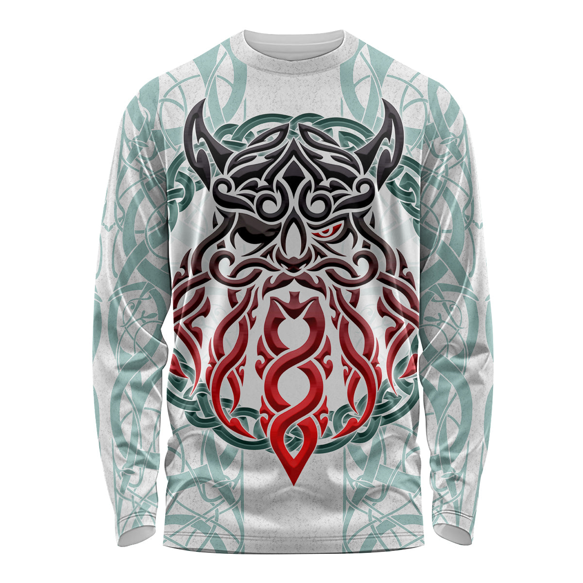 Unisex long sleeve graphic shirt on white with large Odin-style emblem front, teal and red