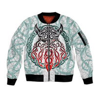 White unisex zip bomber jacket with ribbed black cuffs and large front fantasy graphic