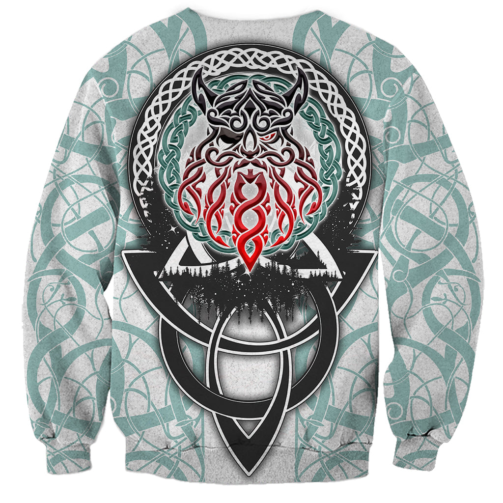 Unisex teal sweatshirt with back Odin emblem shield graphic in black, red, green