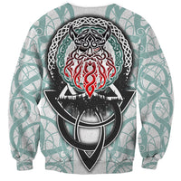 Unisex teal sweatshirt with back Odin emblem shield graphic in black, red, green