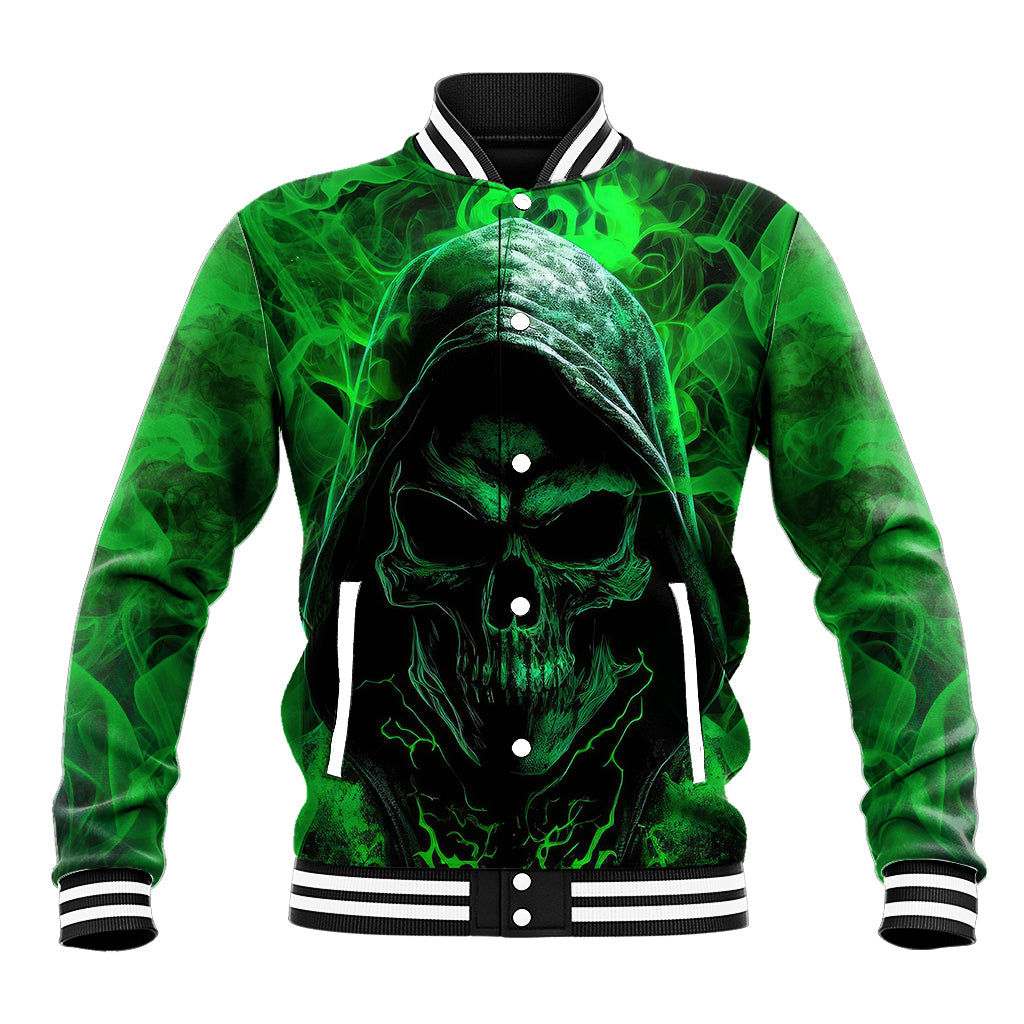 Unisex black baseball jacket with neon green smoke skull art and button front