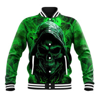 Unisex black baseball jacket with neon green smoke skull art and button front