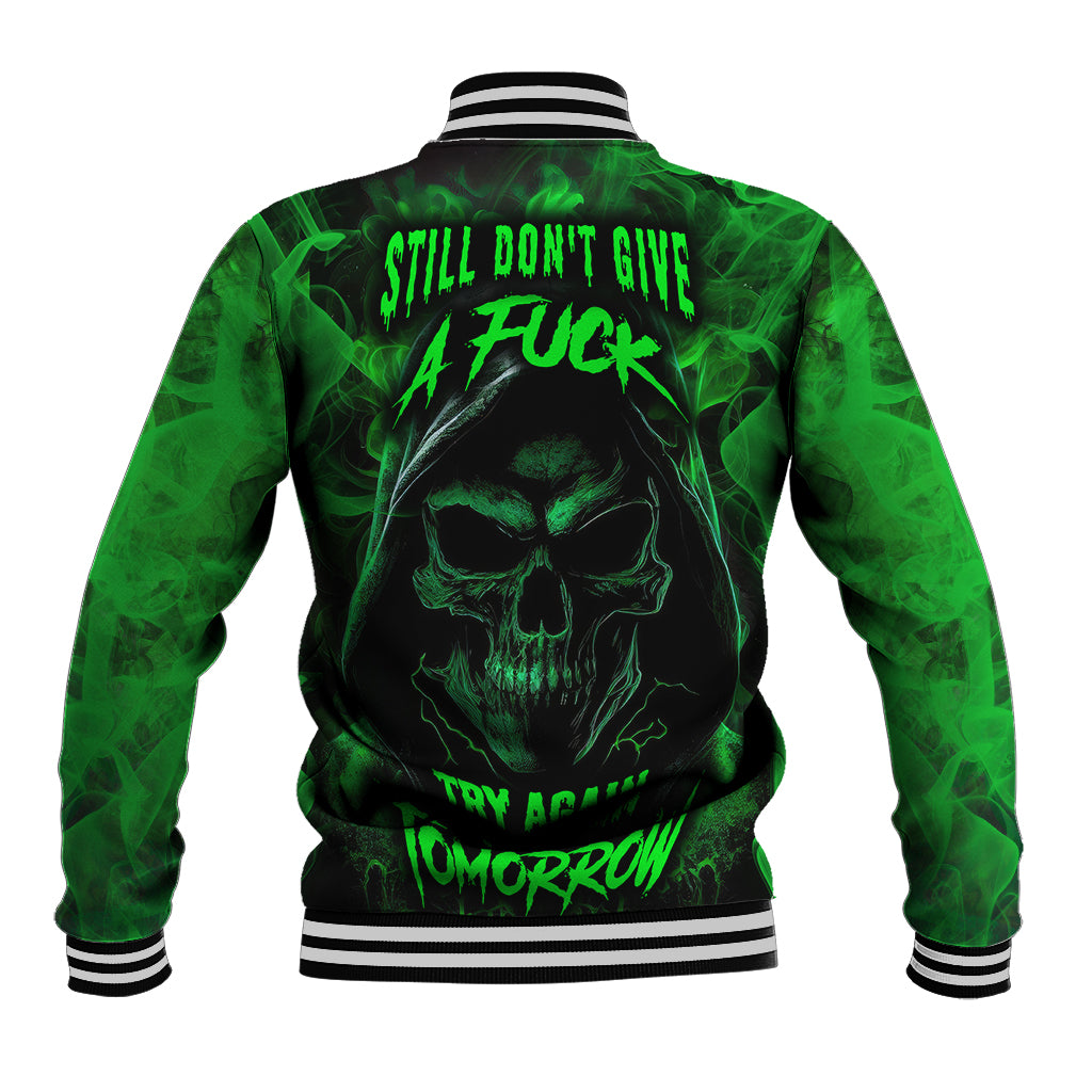 Unisex black baseball jacket with neon green skull graphic and ribbed striped cuffs