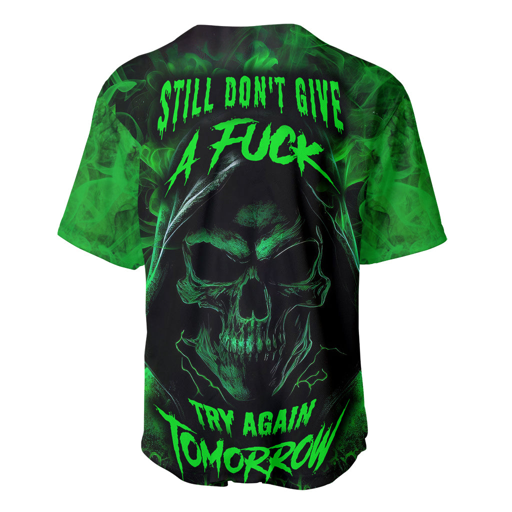 Black and green skull baseball jersey with button front, short sleeves, bold text