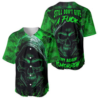 Two-view green and black skull baseball jerseys with button fronts, short sleeves