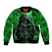 Black/green bomber jacket with skull zip-front, ribbed cuffs and hem.