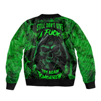 Black/green bomber jacket with skull graphic on back, ribbed collar and hem.