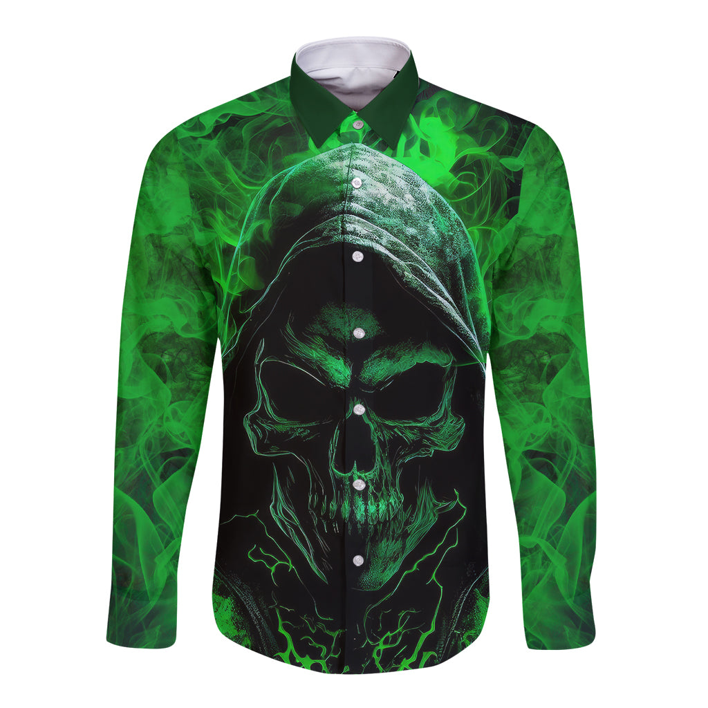 Black long-sleeve button shirt with green skull front graphic