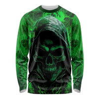Unisex long sleeve skull shirt, black with green skull front and smoky print