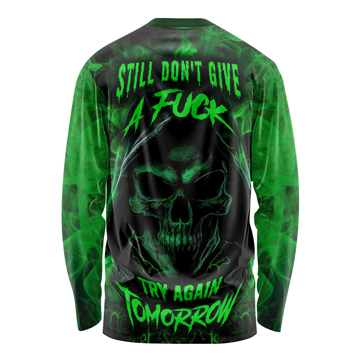 Unisex long sleeve skull shirt, black with green graphic and back text