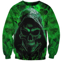 Black skull sweatshirt with neon green smoke hooded skull graphic