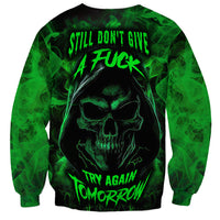Black skull sweatshirt with neon green smoke graphic and “Try Again Tomorrow” text