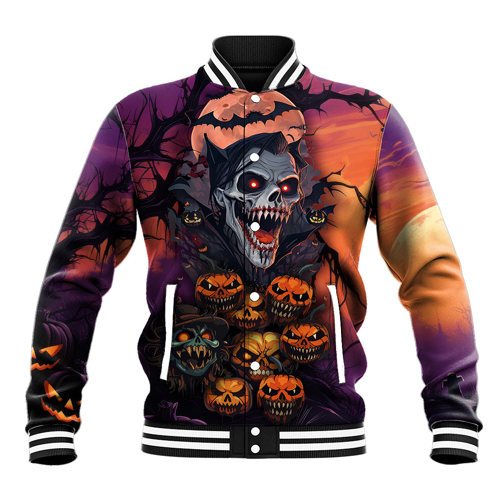 Multicolor skull baseball jacket with ribbed striped collar, snap button front, and artwork