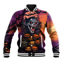 Multicolor skull baseball jacket with ribbed striped collar, snap button front, and artwork
