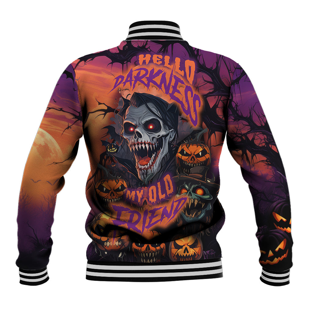 Multicolor skull baseball jacket with ribbed striped collar and full back graphic