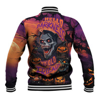 Multicolor skull baseball jacket with ribbed striped collar and full back graphic