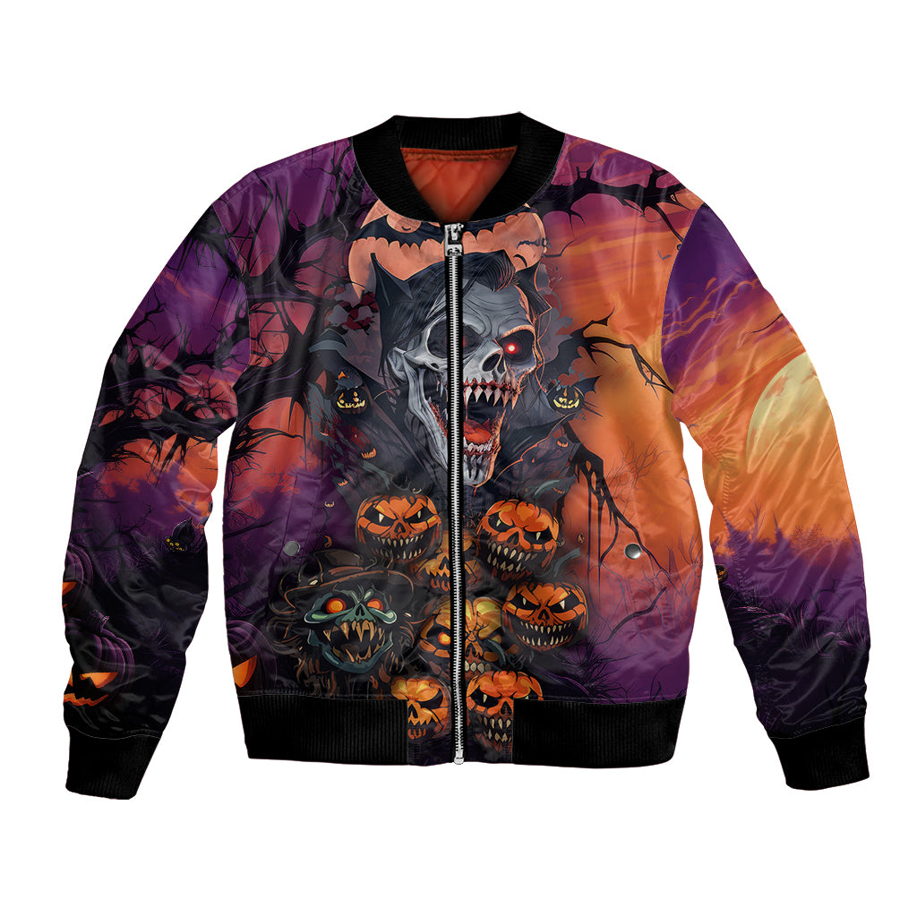 Unisex multicolor bomber jacket with front zipper and skull pumpkin graphics, ribbed hem