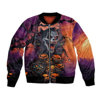Unisex multicolor bomber jacket with front zipper and skull pumpkin graphics, ribbed hem