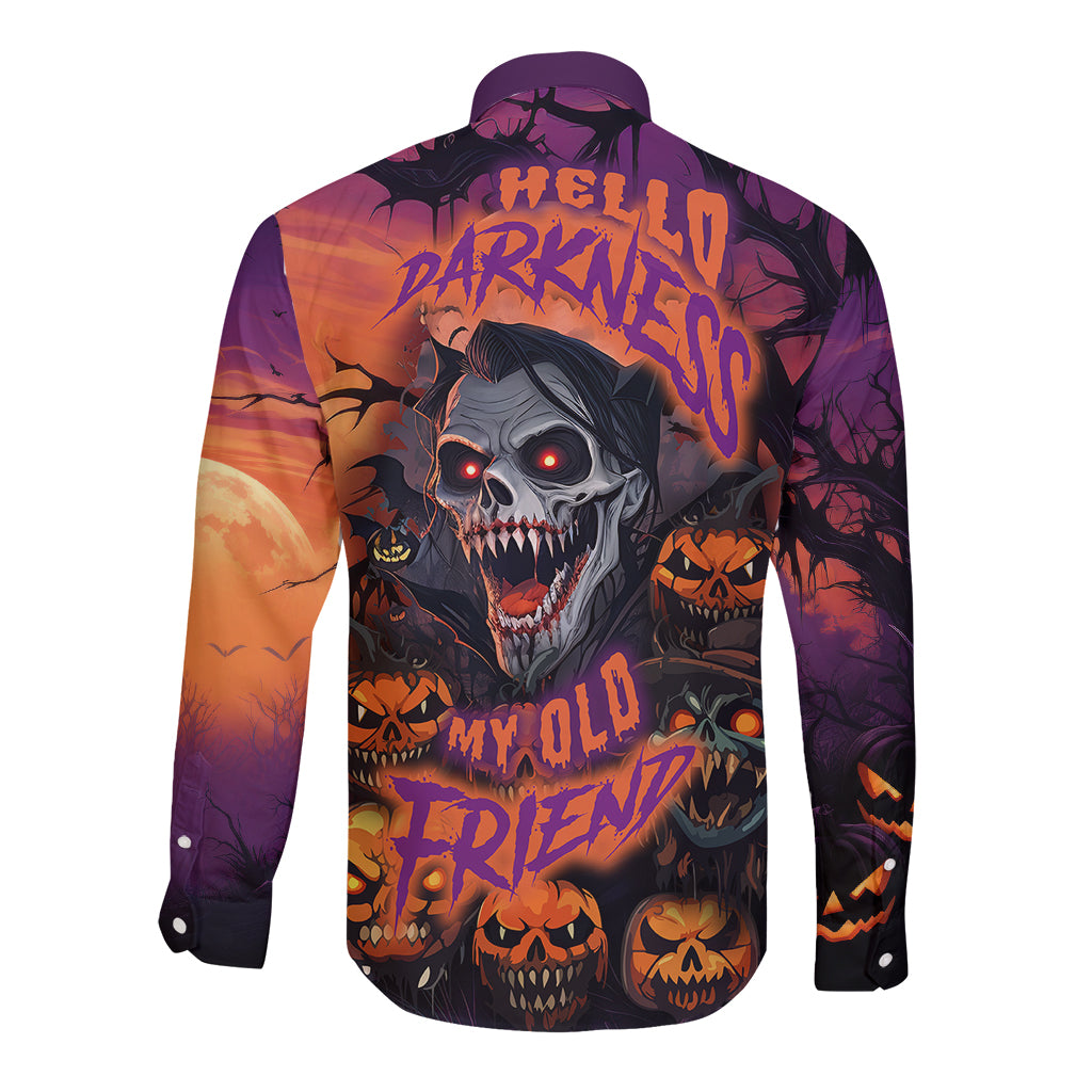 Halloween skull long-sleeve button shirt, multicolor purple-orange back graphic, collared