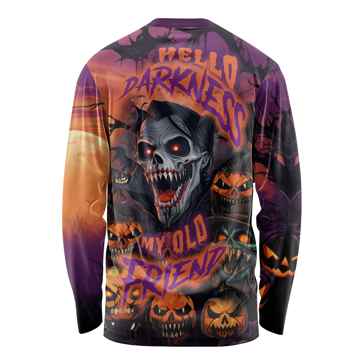 Long-sleeve Halloween skull shirt with bold skull and orange-purple text graphic