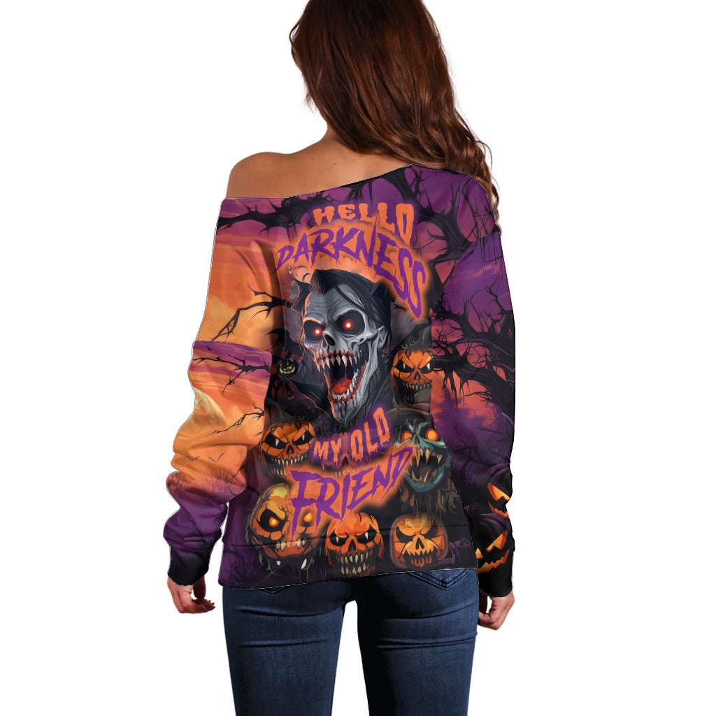 Halloween Skull Off Shoulder Sweater Hello Darkness My Old Friend - Wonder Print Shop