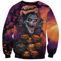 Unisex Halloween skull sweatshirt, monster skull with glowing eyes and pumpkins, crew neck