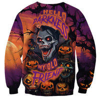 Unisex Halloween skull sweatshirt, colorful skull-and-pumpkin graphic, crew neck, long sleeves