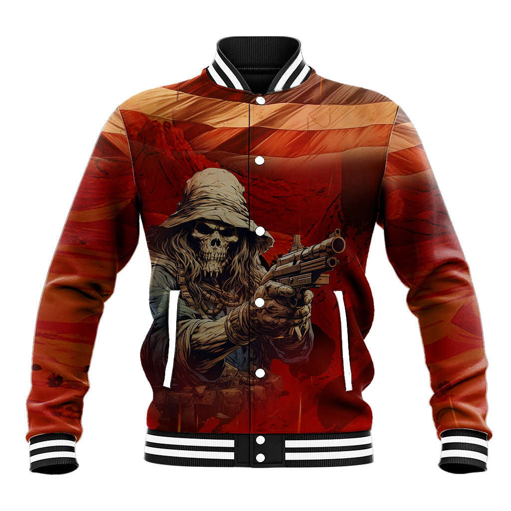 Multicolor varsity baseball jacket with skull and gun graphic, button-front and striped collar