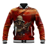Multicolor varsity baseball jacket with skull and gun graphic, button-front and striped collar