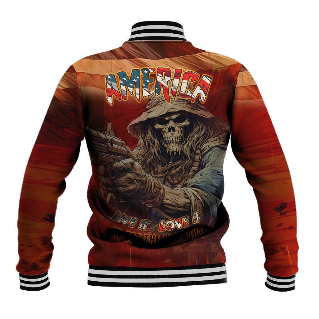 Multicolor varsity baseball jacket, back graphic with skull and text, striped ribbed hem